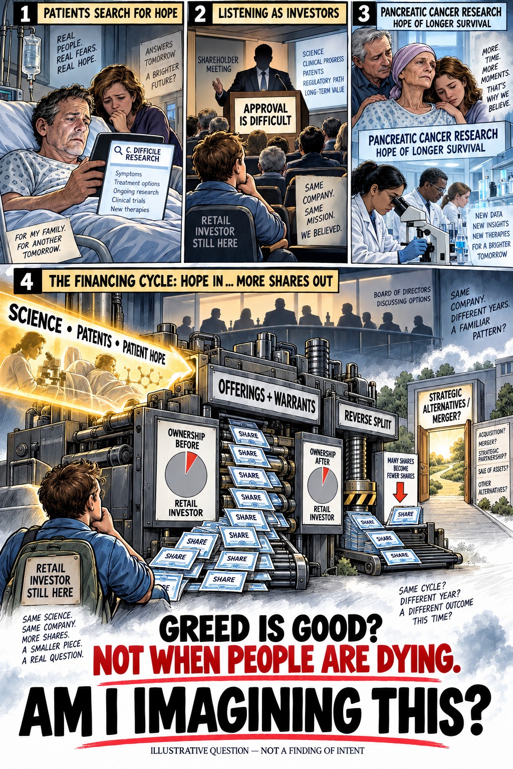 Four-panel comic: patients searching for hope, a retail investor at a shareholder meeting, pancreatic cancer research, and a financing machine labeled Offerings + Warrants and Reverse Split that turns a retail investor's ownership into a smaller piece. Caption: Greed is good? Not when people are dying. Am I imagining this?